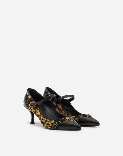 Shop Dolce & Gabbana Polished Calfskin And Patterned Bouclé Mary Janes In Yellow/black