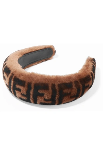 Shop Fendi Printed Shearling Headband In Brown