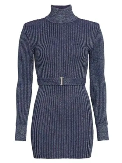 Shop Herve Leger Glitter Rib-knit Belted Mini Turtleneck Sweater Dress In Dark Navy