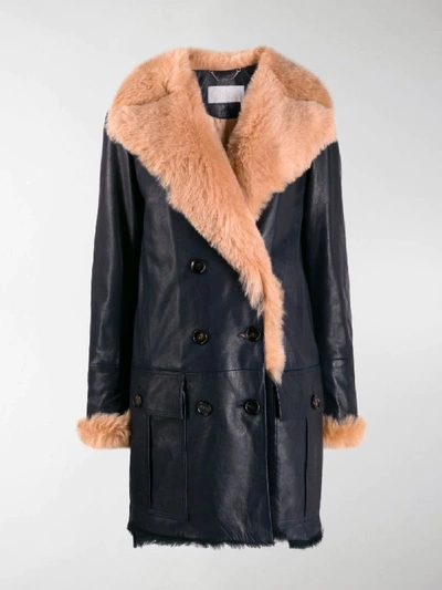 Shop Chloé Fur Lined Double Breasted Coat In Blue