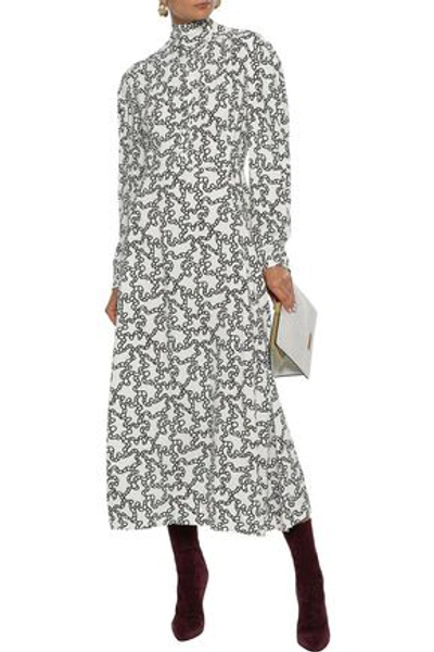 Shop Valentino Pintucked Printed Crepe Midi Dress In Ivory