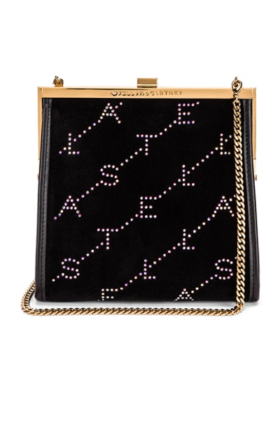 Shop Stella Mccartney Mini Frame Monogram Velvet Crystal Bag In Black