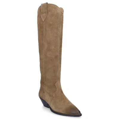 Shop Isabel Marant Boots Long Shaft Velvet Wasched Santiago In Beige