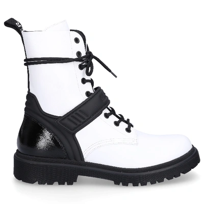 Shop Moncler Lace Up Ankle Boots Caalypso Calfskin Logo Black White In Black, White