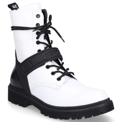 Shop Moncler Lace Up Ankle Boots Caalypso Calfskin Logo Black White In Black, White