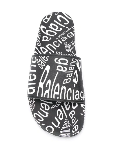 Shop Balenciaga Black And White Logo Rubber Slides In Black & White