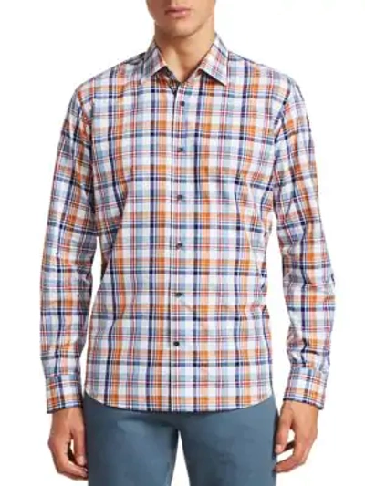 Shop Saks Fifth Avenue Collection Cotton Plaid Shirt In Orange Blue