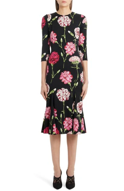 Shop Dolce & Gabbana Fluted Hem Floral Print Charmeuse Dress In Black Floral