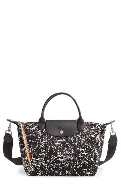 Shop Longchamp Le Pliage Appaloosa Canvas Top Handle Top In Black/ White