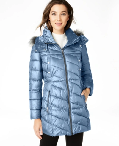 Shop Marc New York Velvet-trim Faux-fur Hooded Puffer Coat In Storm Blue