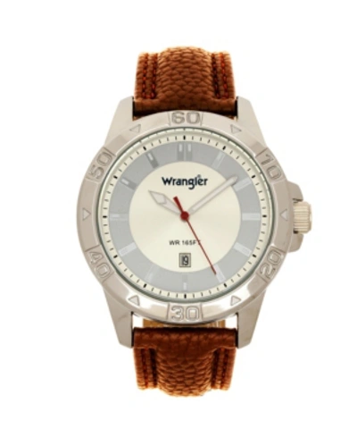 Shop Wrangler Men's Watch, 46mm Silver Colored Case With Embossed Arabic Numerals On Bezel, Ivory Sunray Dial, Sil In Brown