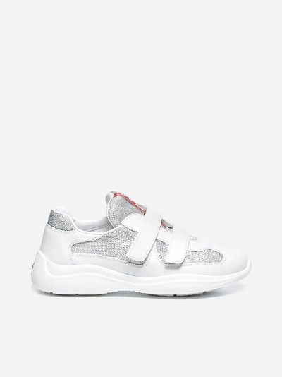 Shop Prada Leather And Mesh Sneakers