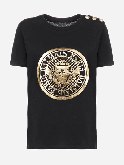 Shop Balmain T-shirt In Cotone Con Stampa Medaglione-logo