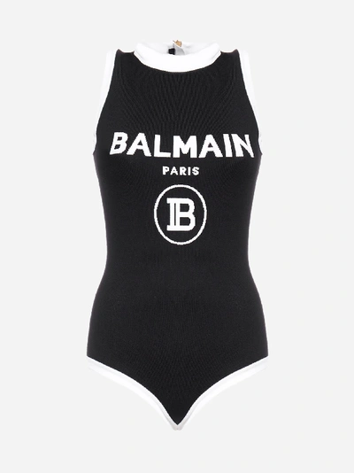 Shop Balmain Viscose Stretch Knit Bodysuit With Logo