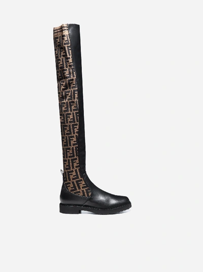 Shop Fendi Leather And Ff Motif Stretch Fabric Boots