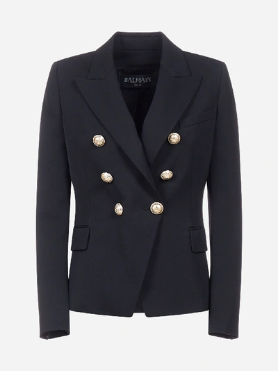 Shop Balmain Blazer Doppiopetto In Twill Di Lana