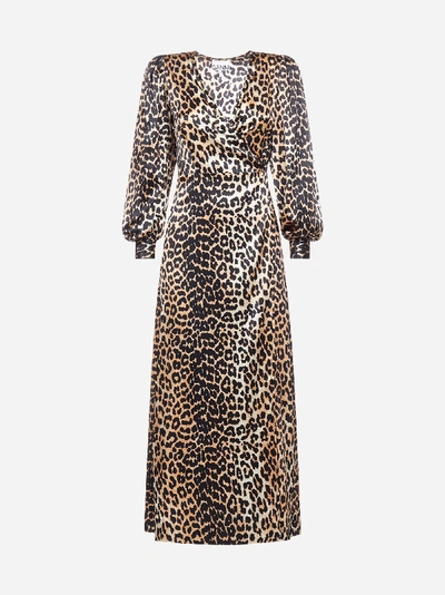 Shop Ganni Leopard-print Silk Satin Wrap Dress