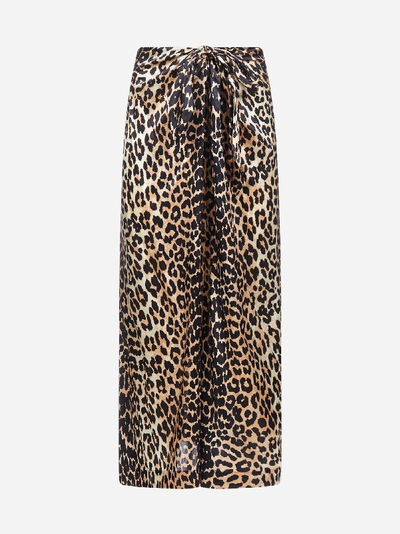Shop Ganni Leopard-print Silk Satin Midi Skirt