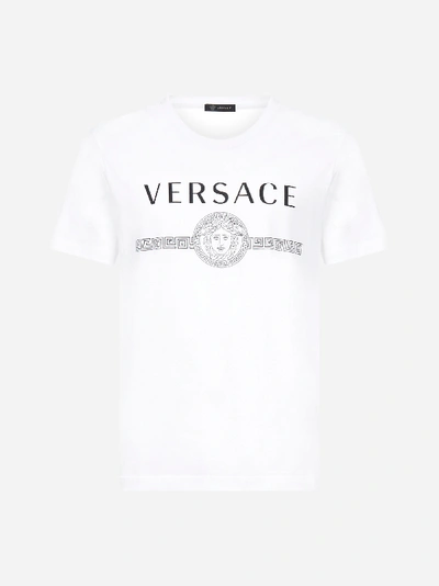 Shop Versace Logo And Medusa Print Cotton T-shirt In White