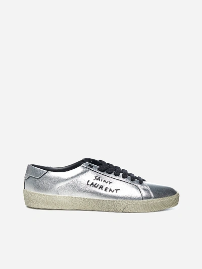 Shop Saint Laurent Court Classic Logo Calfskin Sneakers In Silver