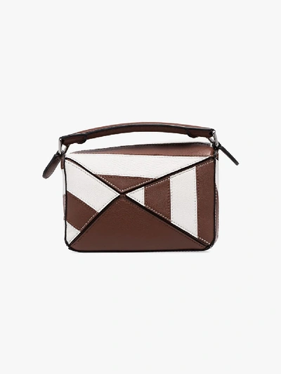 Shop Loewe Brown And White Puzzle Mini Leather Shoulder Bag