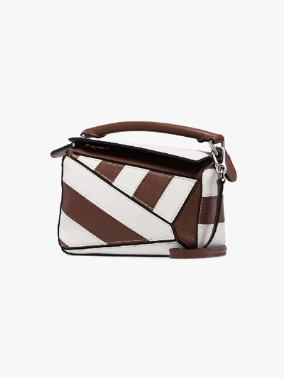 Shop Loewe Brown And White Puzzle Mini Leather Shoulder Bag