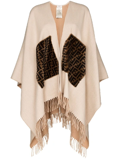 Shop Fendi Fringed Logo Cashmere And Wool Poncho In Neutrals