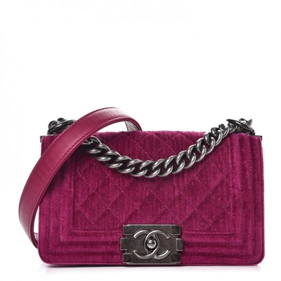 Pre-owned Chanel Boy Flap Quilted Velvet Ruthenium-tone Small Fuchsia