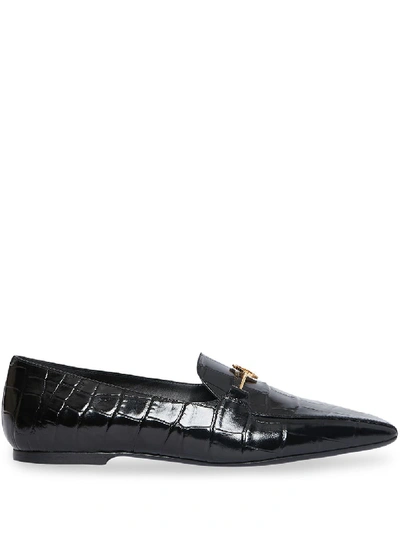 Shop Burberry Monogram Motif Crocodile Embossed Loafers In Black