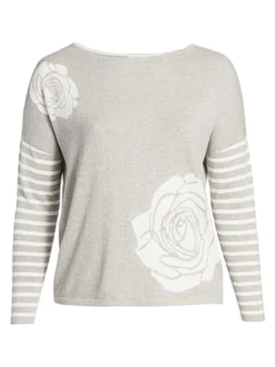 Shop Joan Vass, Plus Size Classic-fit Floral Intarsia Stripe Sweatshirt In Grey Heather