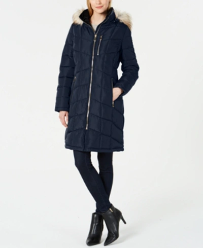 Shop Calvin Klein Petite Faux-fur-trim Hooded Puffer Coat, Created For Macy's In Navy