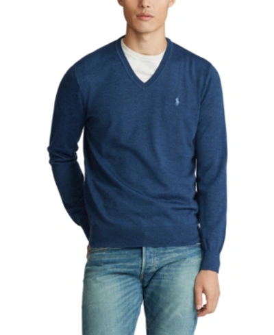 Shop Polo Ralph Lauren Men's Merino Wool V-neck Sweater In Federal Blue Heather