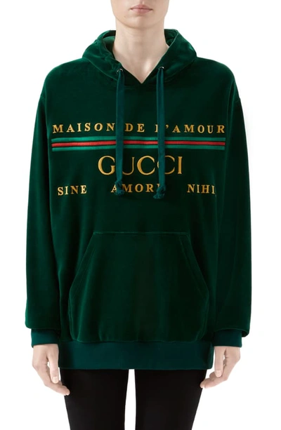 Shop Gucci Oversize Embroidered Velour Hoodie In Yard/ Mc