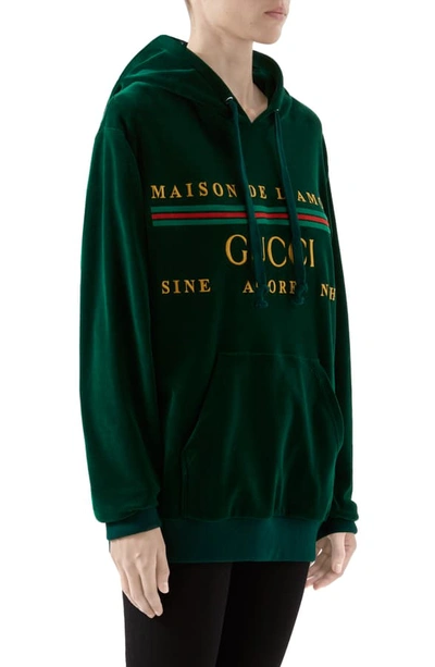 Shop Gucci Oversize Embroidered Velour Hoodie In Yard/ Mc