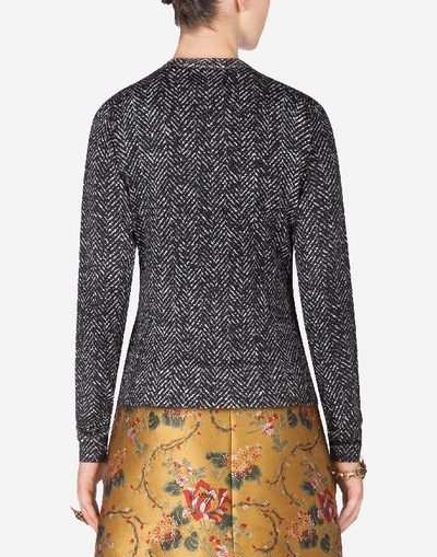 Shop Dolce & Gabbana Wool Cardigan With Herringbone Print In Grey