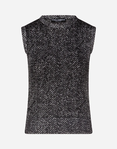 Shop Dolce & Gabbana Sleeveless Sweater In Herringbone-print Wool In Grey