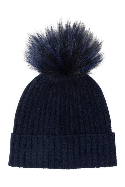 Shop Amicale Cashmere Genuine Fox Fur Pompom Beanie In 410nvy