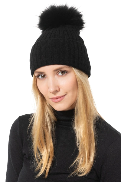 Shop Amicale Cashmere Genuine Fox Fur Pompom Beanie In 001blk