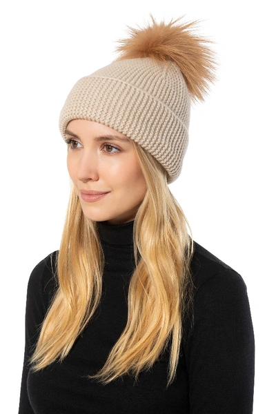 Shop Amicale Cashmere Links Stitch Cuffed Hat With Genuine Fox  Fur Pom In Oat