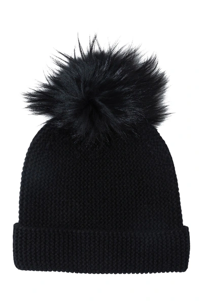 Shop Amicale Cashmere Links Stitch Cuffed Hat With Genuine Fox  Fur Pom In Black
