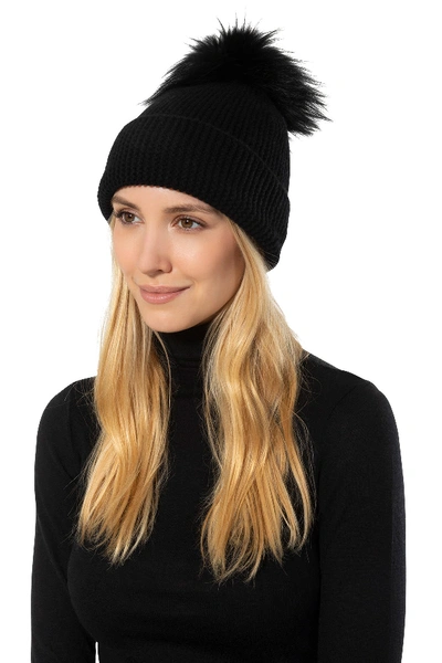 Shop Amicale Cashmere Links Stitch Cuffed Hat With Genuine Fox  Fur Pom In Black