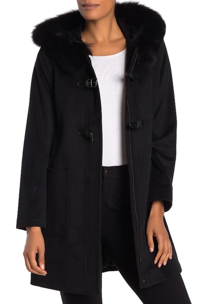 Shop Trina Turk Genuine Fox Fur Trim Wool Blend Coat In Black