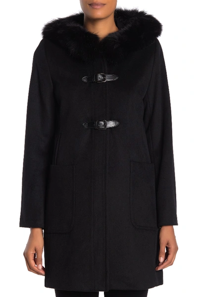 Shop Trina Turk Genuine Fox Fur Trim Wool Blend Coat In Black