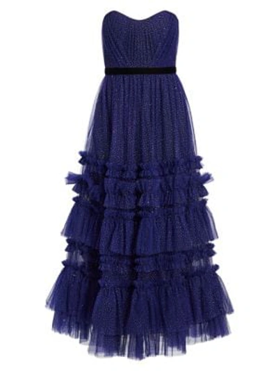 Shop Marchesa Notte Glitter Tulle Strapless Tea-length Gown In Royal