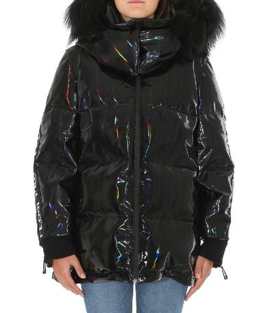 Shop Fendi Hologram Fur Trimmed Hooded Padded Jacket In Black