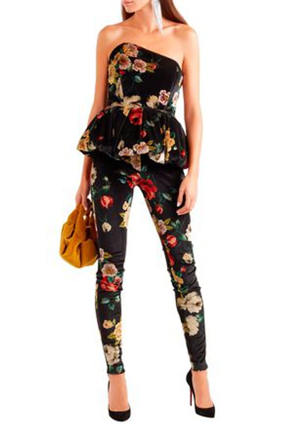 Shop Attico Woman Strapless Floral-print Velvet Peplum Top Black