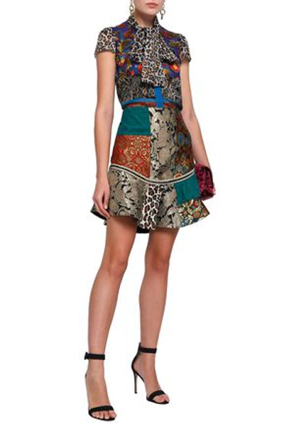 Shop Alice And Olivia Eriko Patchwork Brocade, Printed Crepe And Satin Mini Skirt In Multicolor