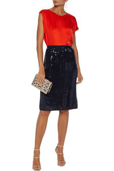 Shop Lanvin Pleated Hammered Silk-satin Blouse In Bright Orange