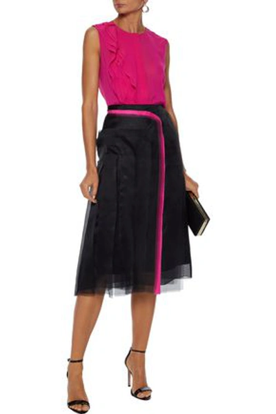 Shop Lanvin Grosgrain-trimmed Frayed Silk-organza Skirt In Black