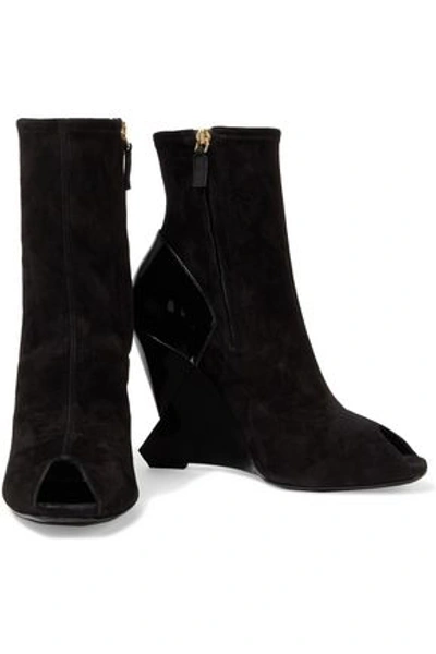 Shop Lanvin Patent Leather-paneled Suede Wedge Ankle Boots In Black